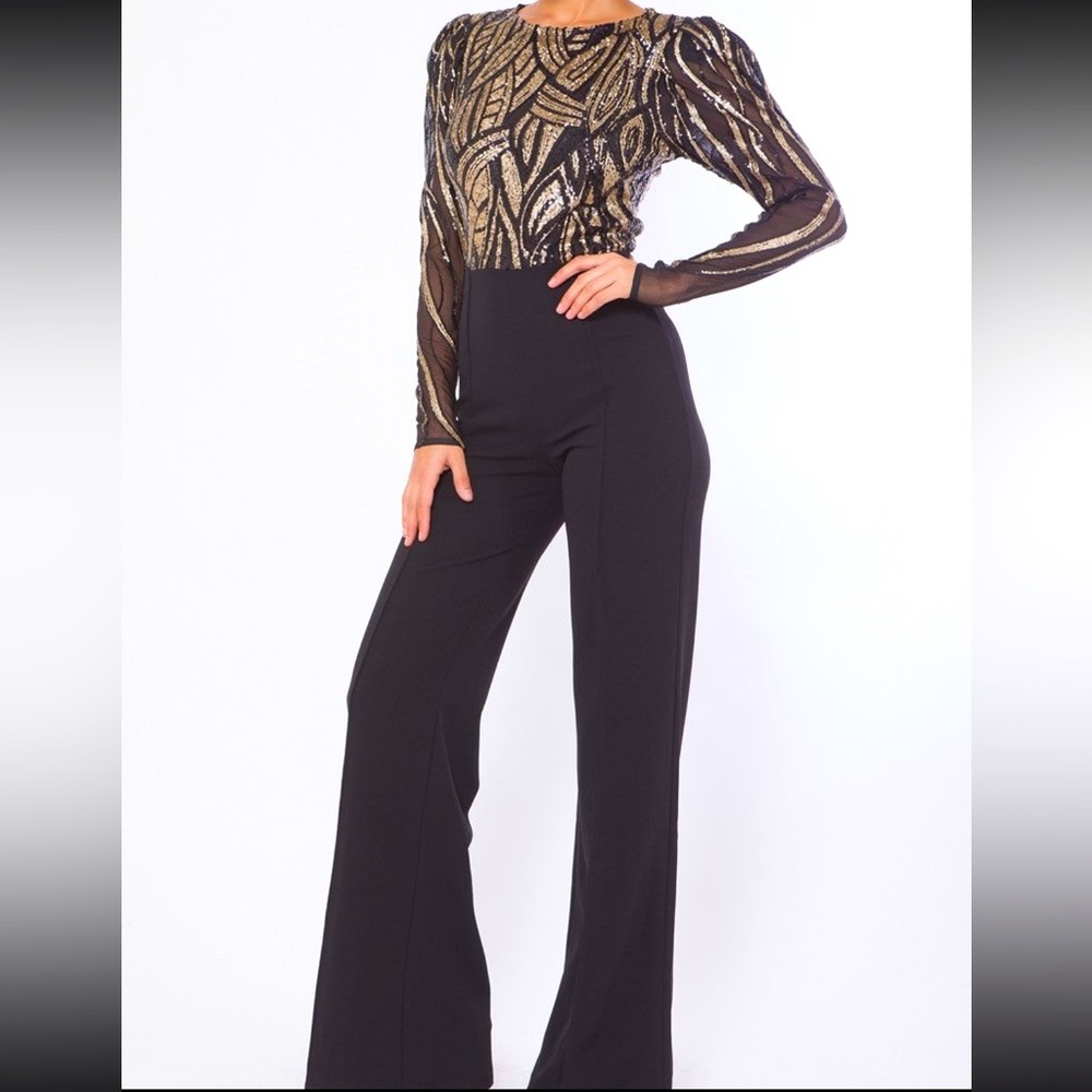 Gold sequin mesh top flashy jumpsuit-NWT